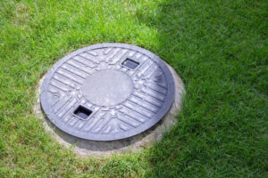 Septic tank lid near grass.