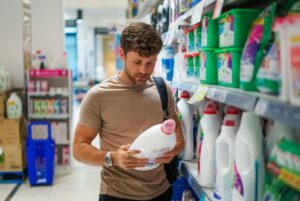 A man shopping for laundry detergent in a store.