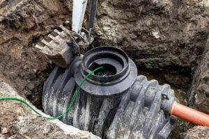 A septic tank being installed.